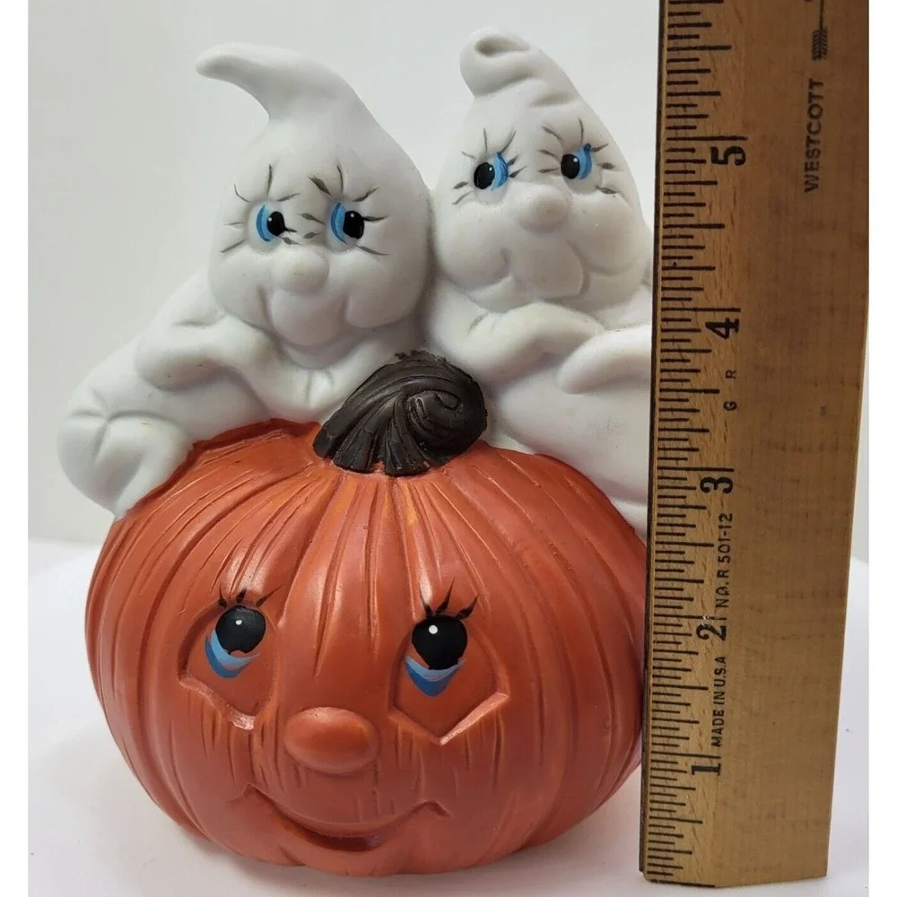 Halloween Ceramic Jack-o-lantern Ghosts Pumpkin Hand Painted Mold Music Box Vtg